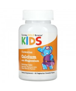 California Gold Nutrition Kids Chewables Calcium  with Magnesium 90 таблеток, жувальна добавка з кальцієм і магнієм для дітей, зі смаком торта
