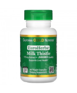 California Gold Nutrition EuroHerbs™ Milk Thistle Extract Euromed Quality 175 mg 60 рослинних капсул, екстракт розторопші