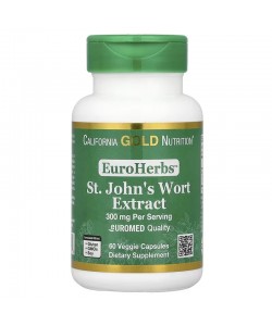 California Gold Nutrition EuroHerbs™ St. John's Wort Extract Euromed Quality 300 mg 60 рослинних капсул, екстракт звіробою