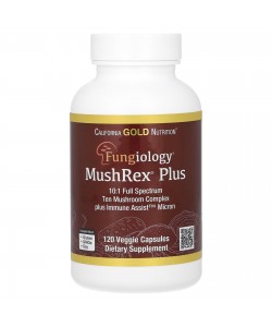 California Gold Nutrition Fungiology MushRex Plus Immune Assist™ Micron 120 веганських капсул, комплекс грибів повного спектра, сертифікований органічний продукт