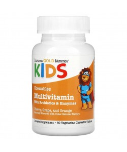 California Gold Nutrition Kids Chewable Multivitamin with Probiotics & Enzymes 60 жевательных таблеток, жевательные мультивитамины для детей, со вкусом фруктов