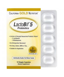 California Gold Nutrition LactoBif Probiotics 5 Billion CFU 10 растительных капсул, 10 штаммов пробиотических бактерий