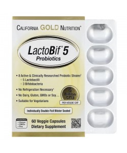 California Gold Nutrition LactoBif Probiotics 5 Billion CFU 60 рослинних капсул, 10 штамів пробіотичних бактерій