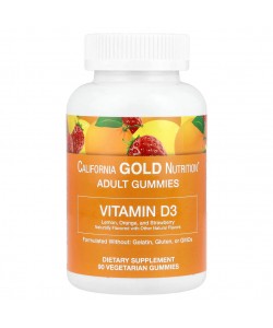 California Gold Nutrition Adult Gummies Vitamin D3 90 вегетарианских жевательных таблеток, витамин D3 со вкусом лимона, апельсина и клубники