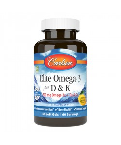 Carlson Elite Omega-3 Plus D & K 60 мягких капсул, норвежский рыбий жир с витаминами D3 и К2, со вкусом лимона