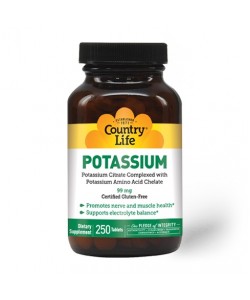 Country Life Potassium 99 mg 250 таблеток, цитрат калію в комплексі з амінокислотним хелатом калію