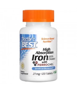 Doctor's Best Iron High Absorption 27 mg with Ferrochel 120 таблеток, легкозасвоюване залізо з Ferrochel