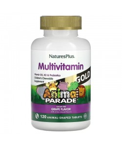 Nature's Plus Animal Parade Gold 120 таблеток, жевательные мультивитамины без сахара, со вкусом винограда, в форме веселых конфет