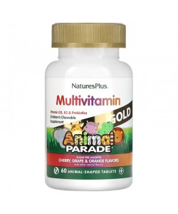 Nature's Plus Animal Parade Gold 60 таблеток, жевательные мультивитамины без сахара, со вкусом вишни, винограда и апельсина в форме веселых конфет