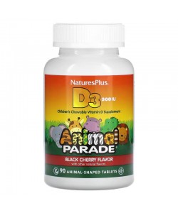 Nature's Plus Animal Parade Vitamin D3 500 IU 90 таблеток, жувальний вітамін Д, без цукру, зі смаком натуральної вишні, у формі веселих цукерок