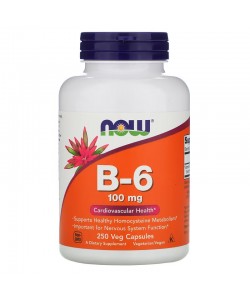 Now Foods B-6 100 mg 250 капсул, пиридоксин, витамин В6