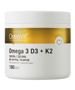 OstroVit Omega 3 D3 + K2 180 капсул, риб'ячий жир та вітаміни D3, K2, а також D-альфа-токоферол